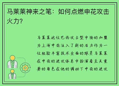 马莱莱神来之笔：如何点燃申花攻击火力？